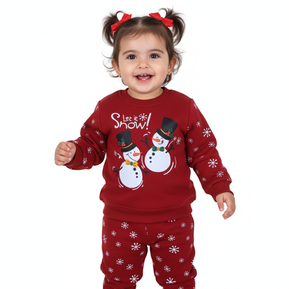 Girls Cooton Pajama Set – Maroon with “Let it Snow” Design