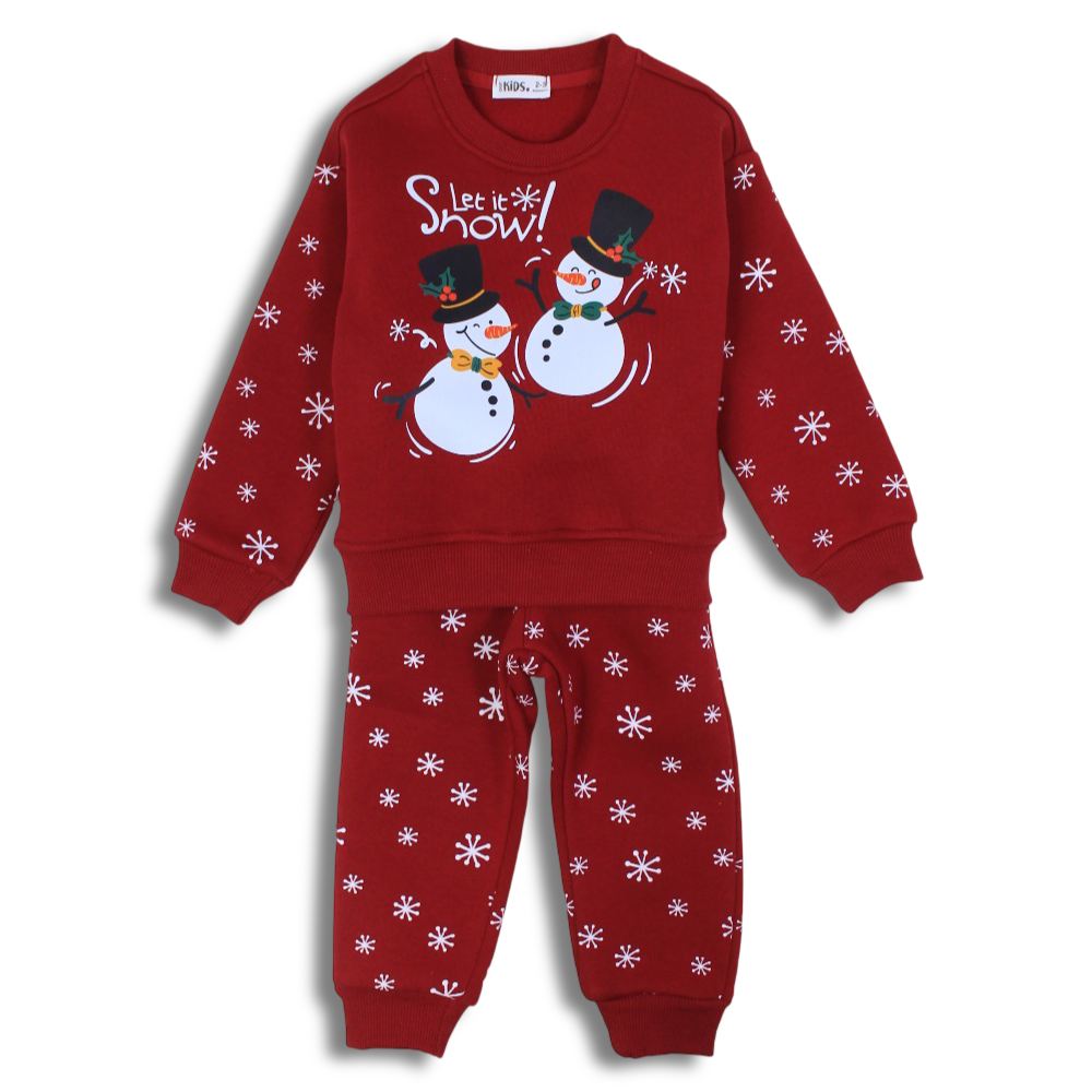 Girls Cooton Pajama Set – Maroon with “Let it Snow” Design