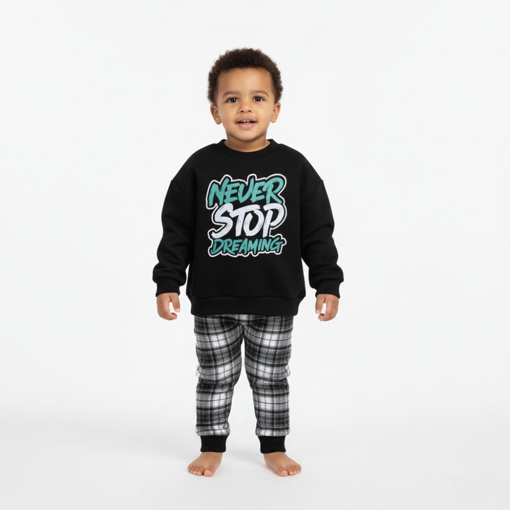 Boys Cotton Pajama Set – Black with “Never Stop Dreaming” Print