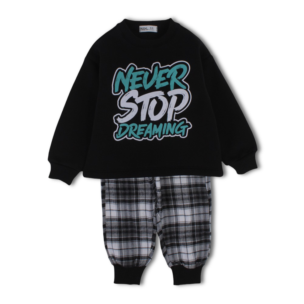 Boys Cotton Pajama Set – Black with “Never Stop Dreaming” Print