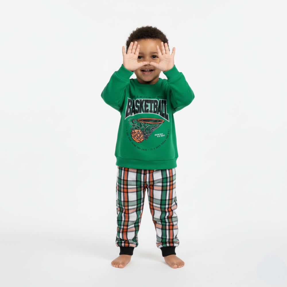 Boys Cotton Pajama Set – Green with “Basketball” Print