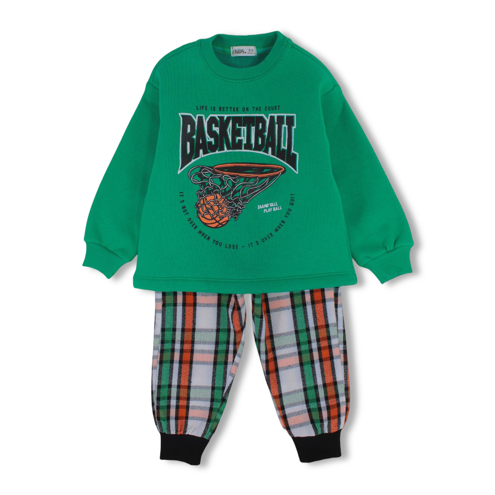 Boys Cotton Pajama Set – Green with “Basketball” Print