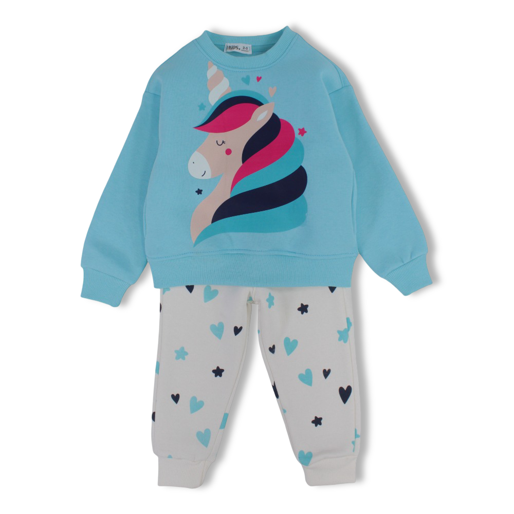 Girls Cotton Pajama Set – Aqua with “Unicorn” Print
