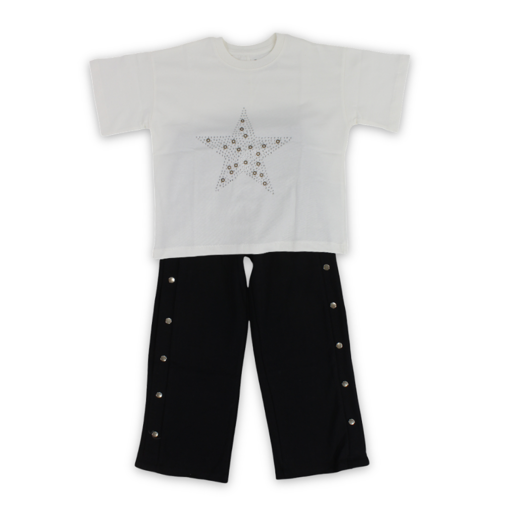 Girls Cotton Outfit Set – Off-White with Star Design - Clothing - Sharo
