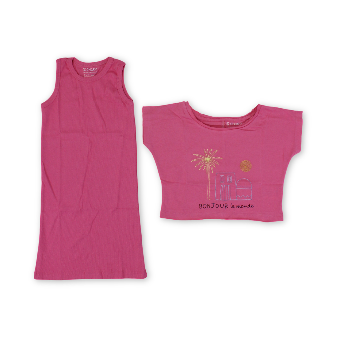 طقم تيشيرت بناتي قطن قطعتين – تطريز "بونجور ليموند"