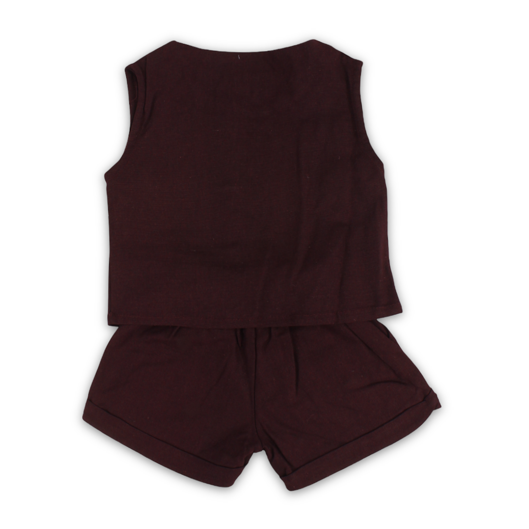 Girls Linen Sleeveless Outfit Set – Burgundy