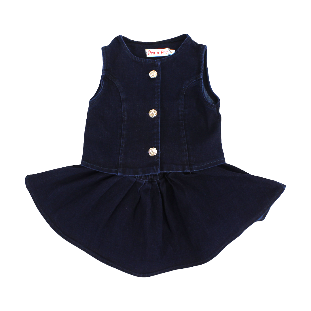 Girls Cotton Denim Sleeveless Outfit Set – Dark Blue - Clothing - Peu a Peu