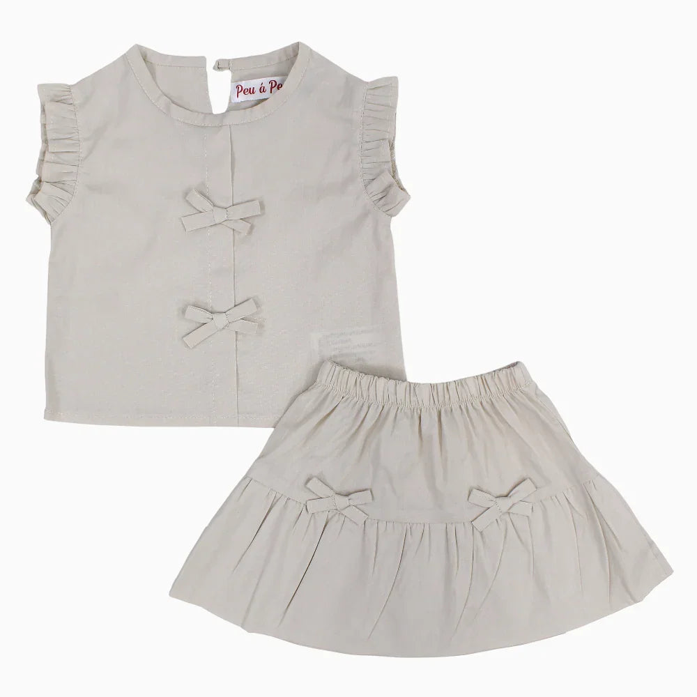 Girls Cotton 2-Piece Outfit Set – Beige with Little Bows - Clothing - Peu a Peu
