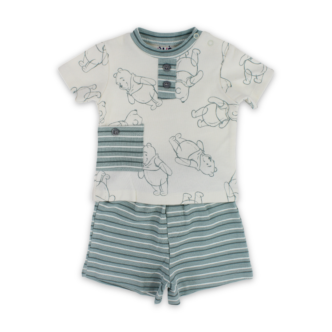 Baby Boys Cotton Outfit Set – Mint & Off-White with Pooh Print - Clothing - Full Moon