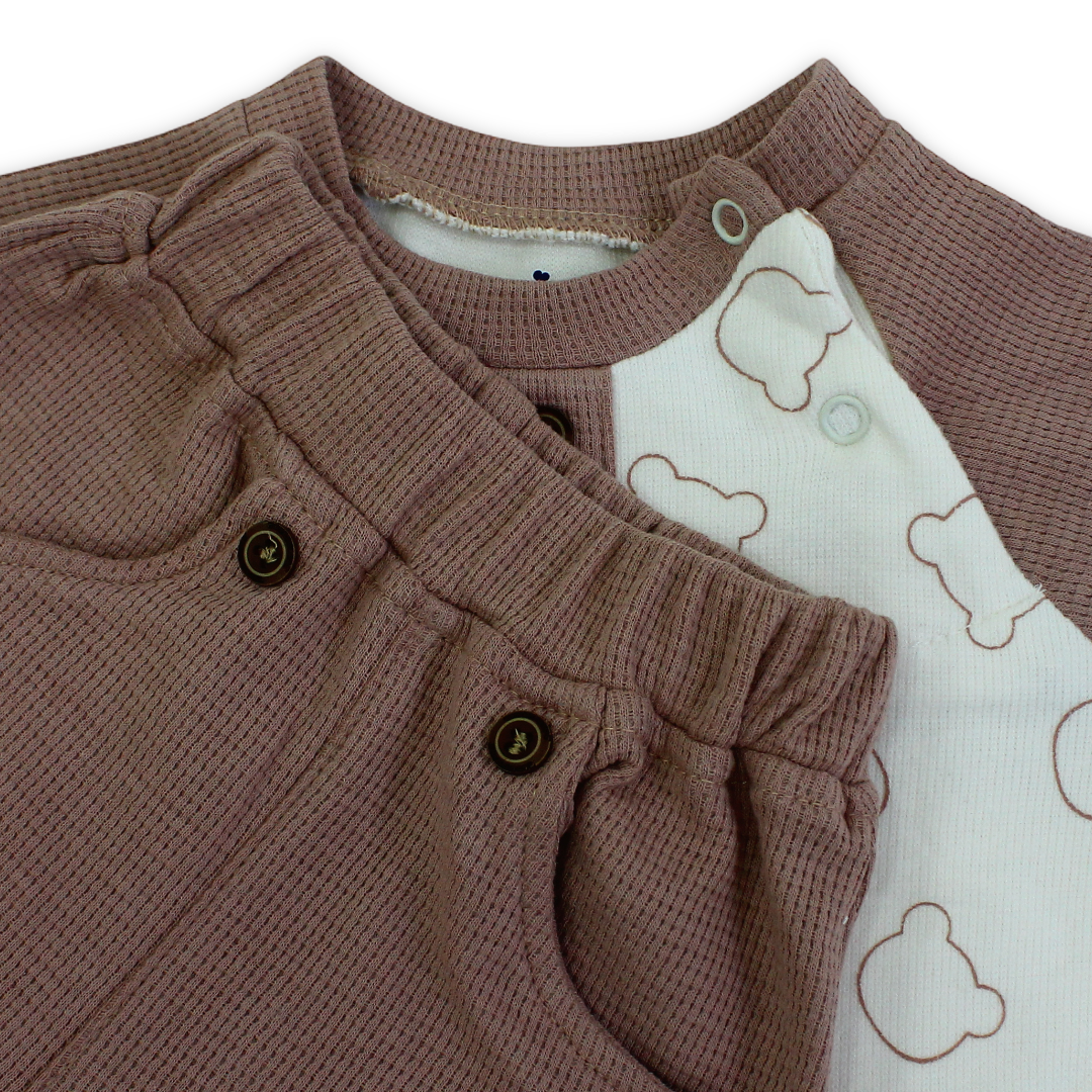 Unisex Baby Cotton Outfit Set – Dusty Pink & Off-White with Bears Print