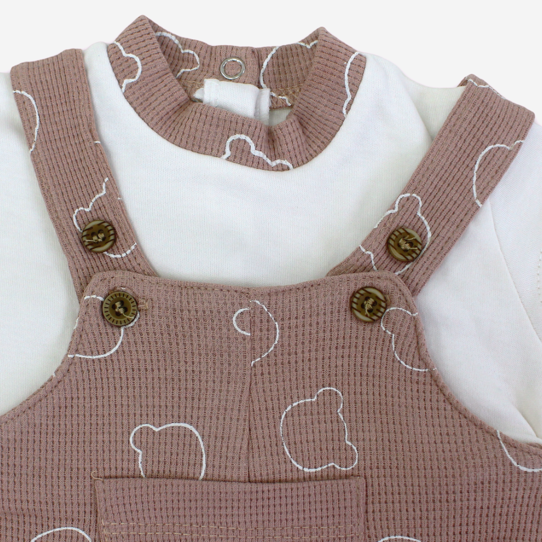 Unisex Baby Cotton Romper – Dusty Pink & Off-White with Bear Print
