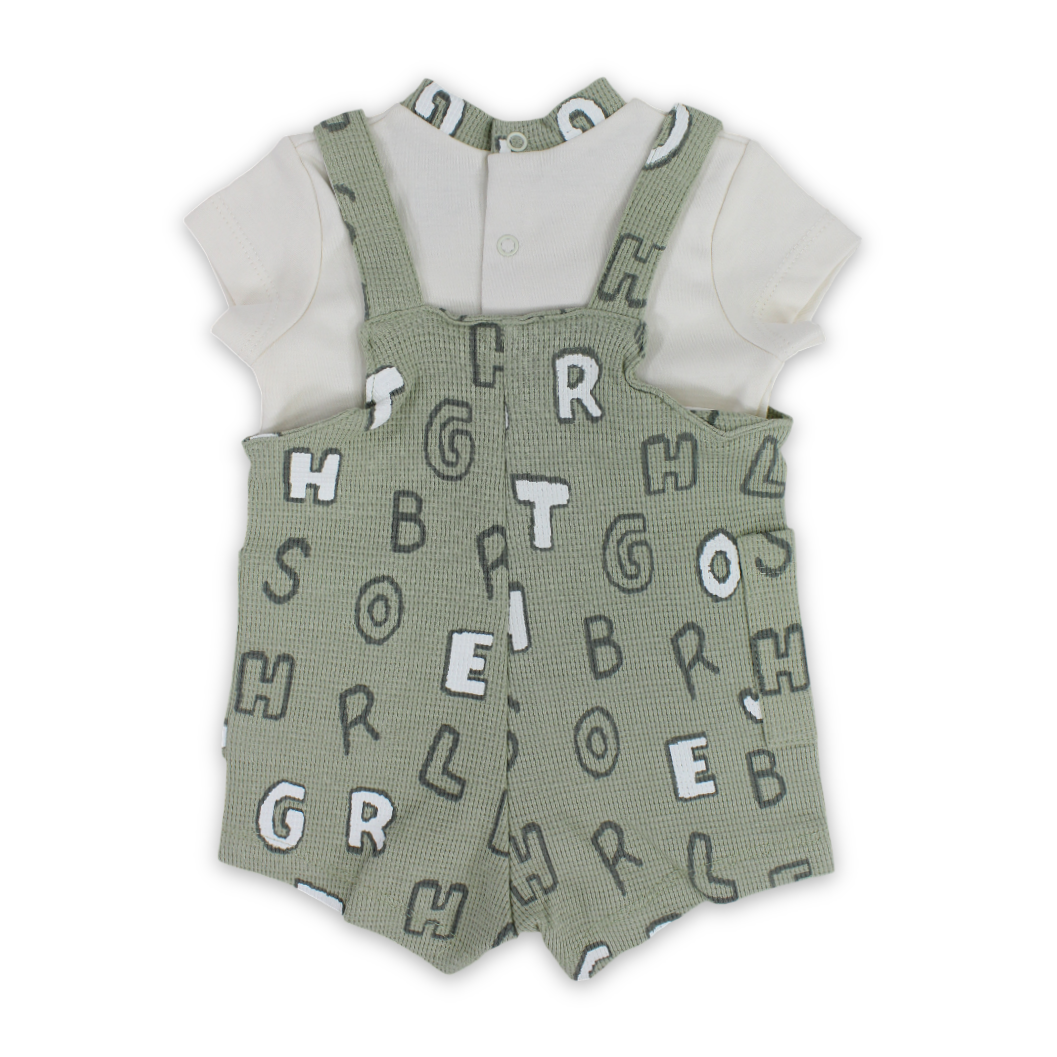 Baby Boys Cotton Romper – Olive & Off-White with Letters Print