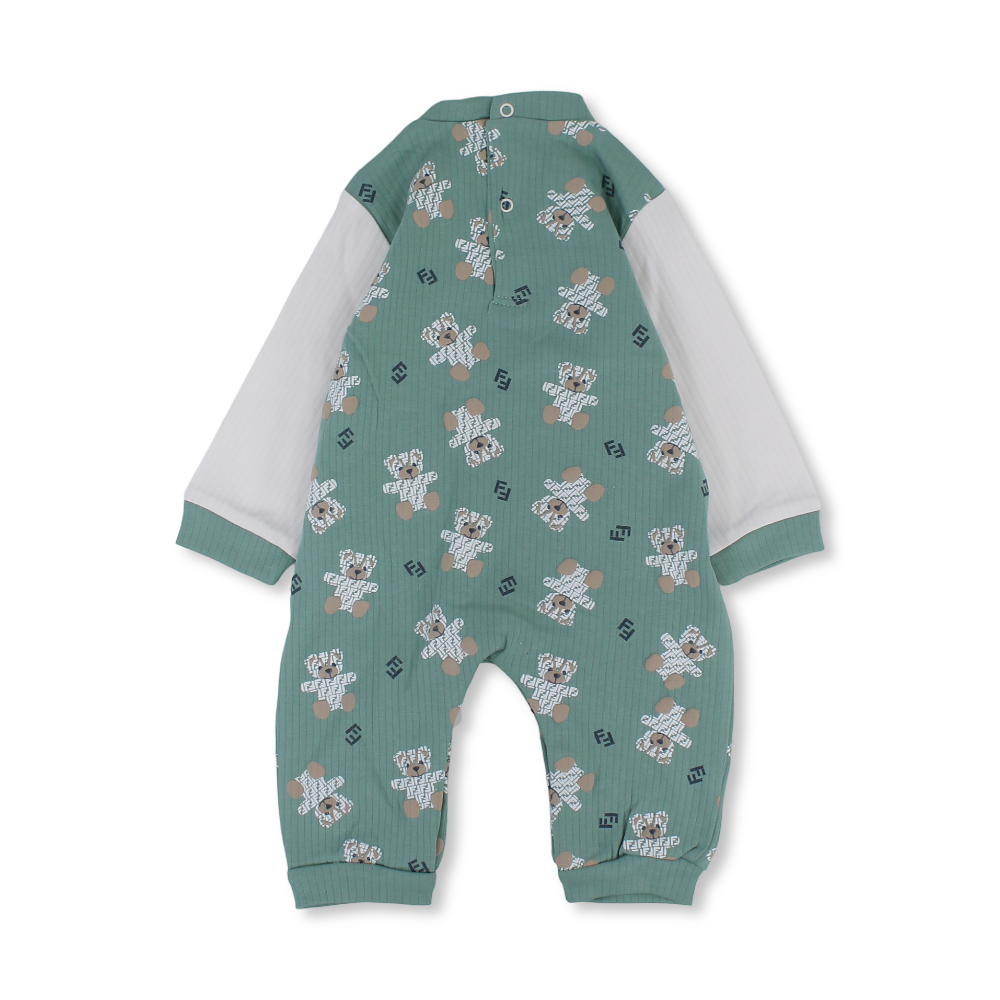 Baby Boys Cotton Footless Onesie – Mint & Off-White with Teddy Bear Print