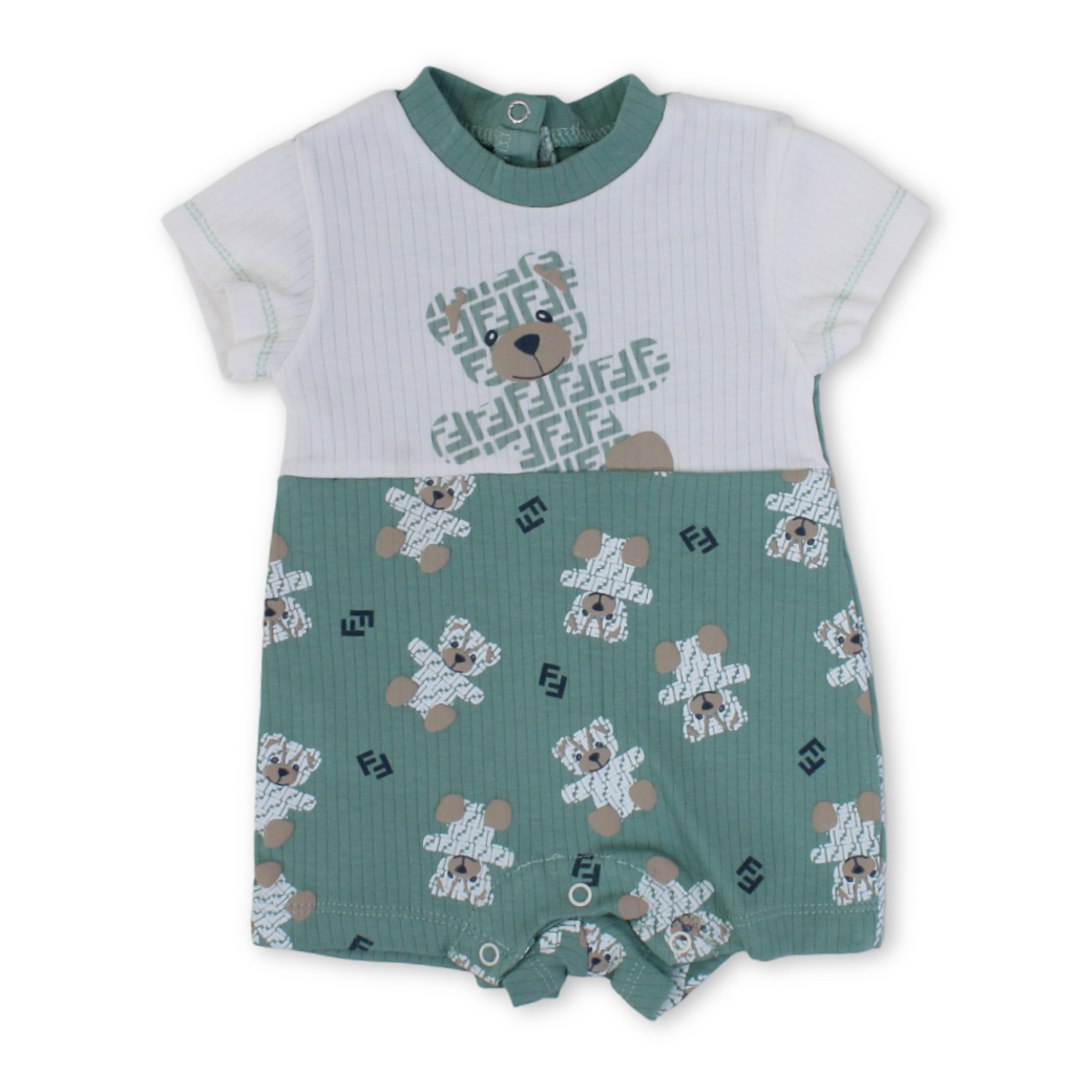 Baby Boys Cotton Romper – Mint with Teddy Bear Print - Clothing - Full Moon