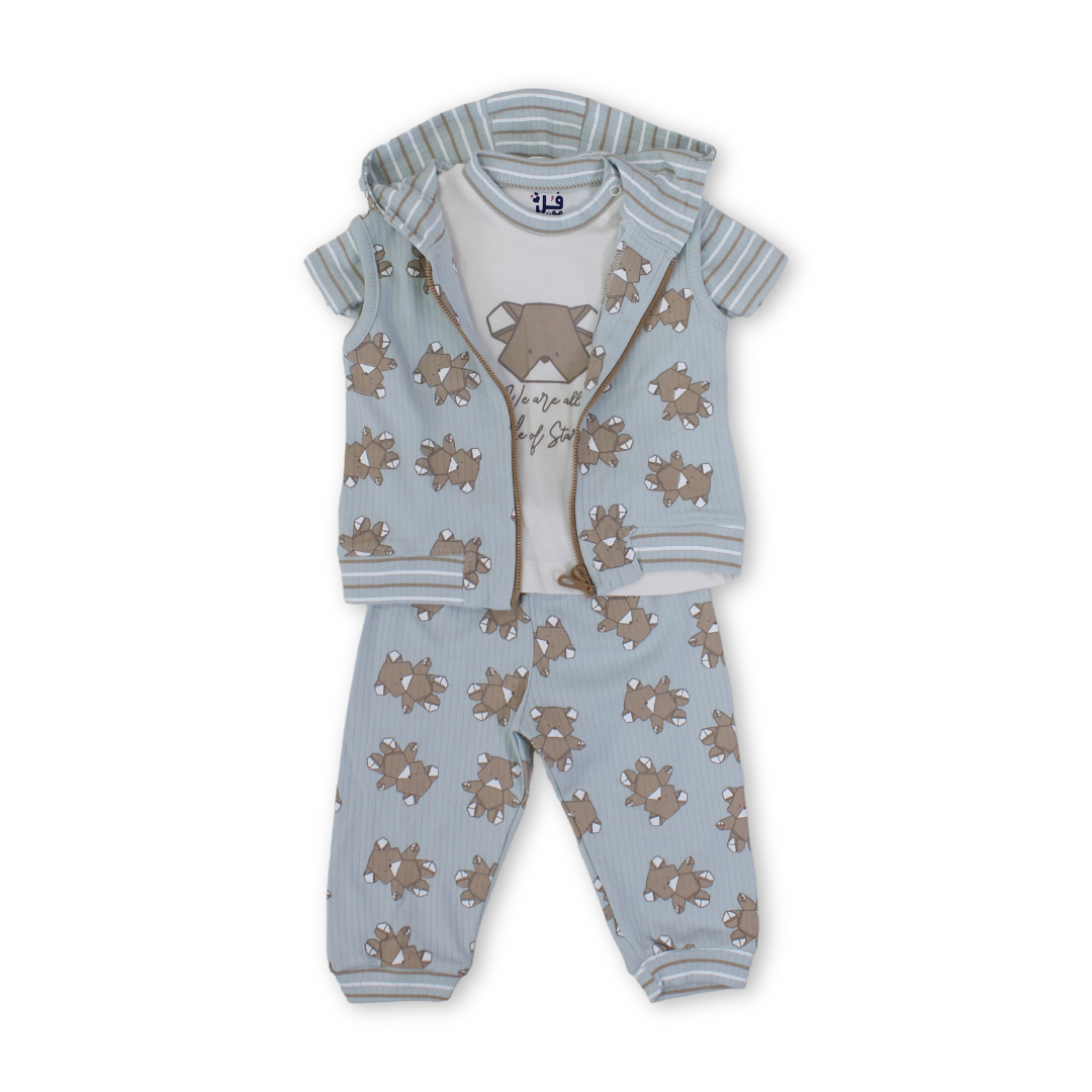 Baby Boys Cotton 3-Pecise Outfit Set – Aqua with Teddy Bear Faces Print - Clothing - Full Moon