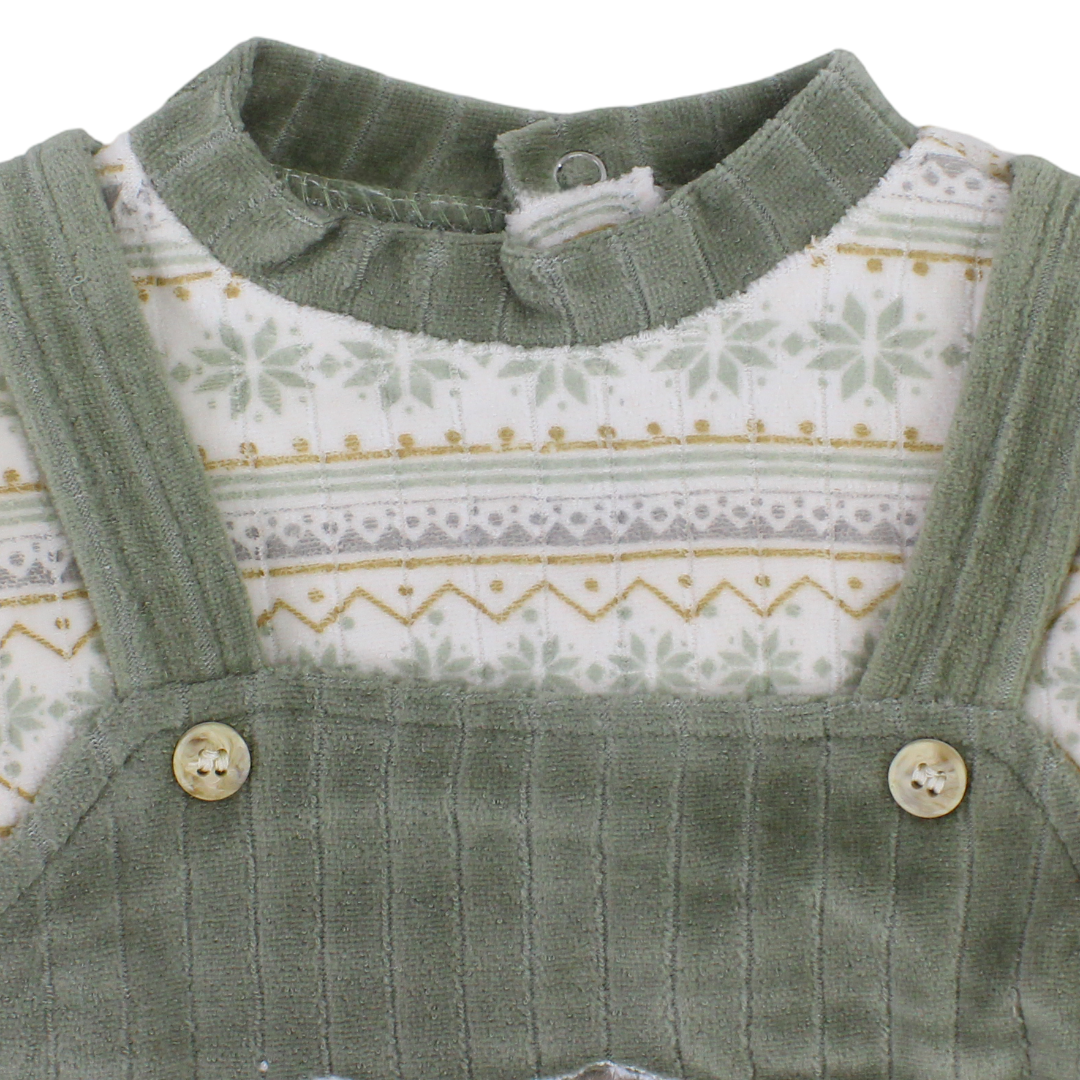 Baby Boys Velvet Baby Footie Onesie – Olive with Bear Embroidered
