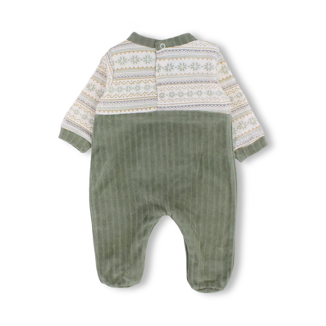 Baby Boys Velvet Baby Footie Onesie – Olive with Bear Embroidered
