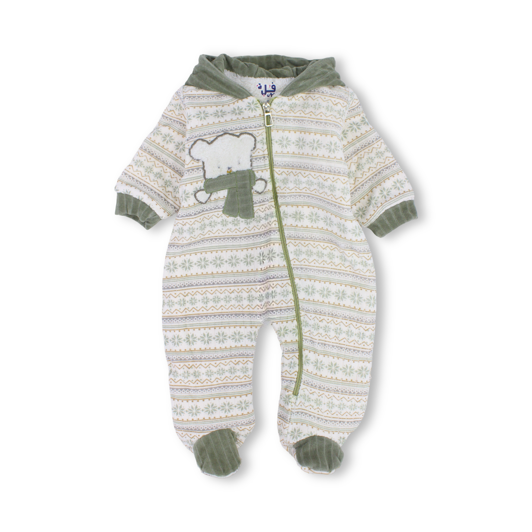 Baby Boys Velvet Hooded Baby Footie – Beige with Bear Embroidered