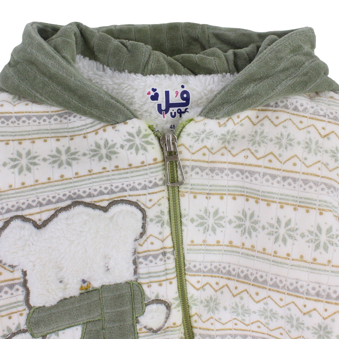 Baby Boys Velvet Hooded Baby Footie – Beige with Bear Embroidered