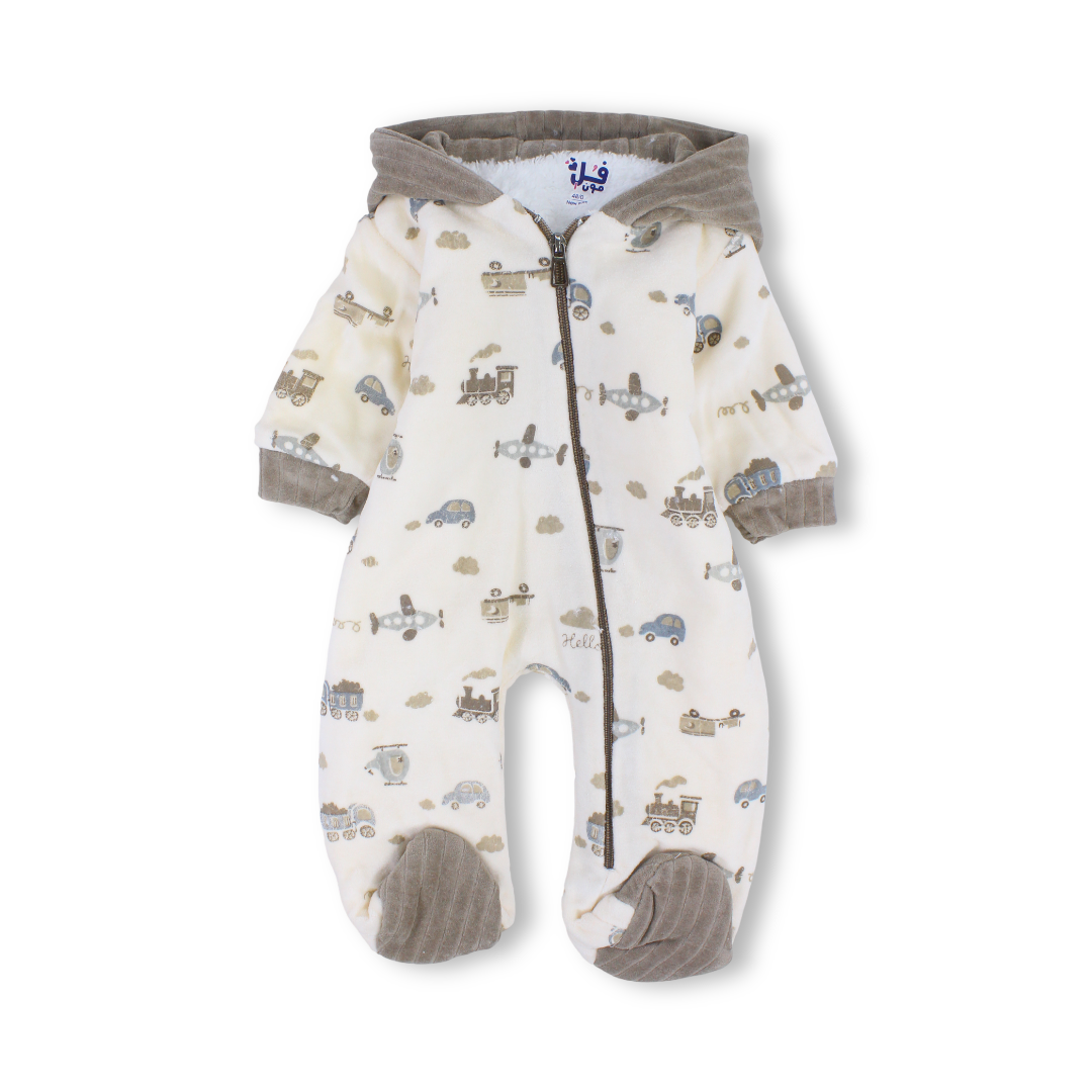 Baby Boys Velvet Hooded Baby Footie – Beige with Fur-Lined