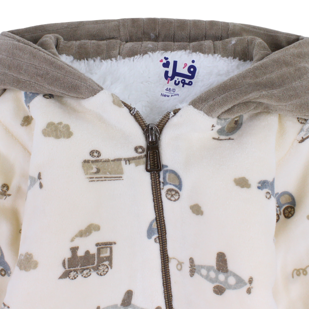 Baby Boys Velvet Hooded Baby Footie – Beige with Fur-Lined