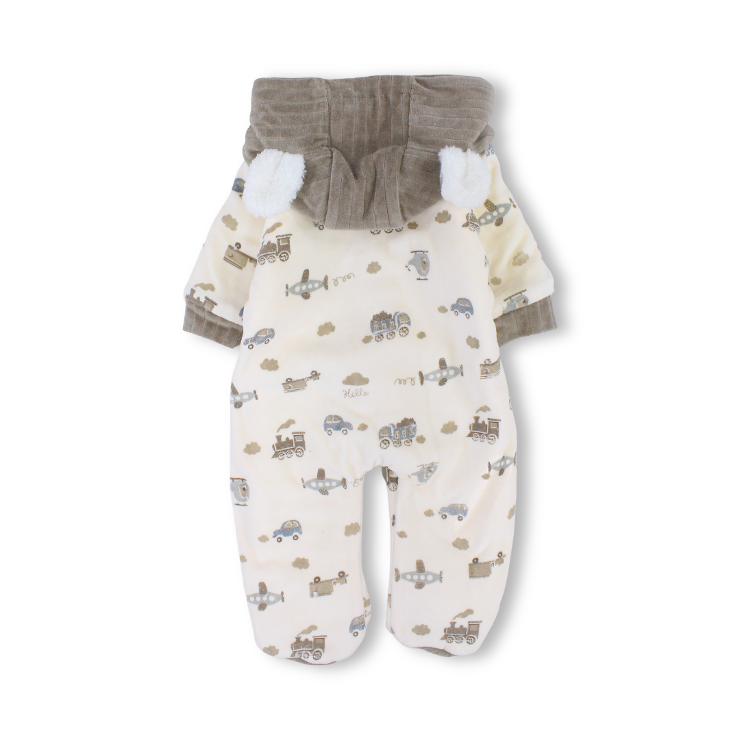Baby Boys Velvet Hooded Baby Footie – Beige with Fur-Lined