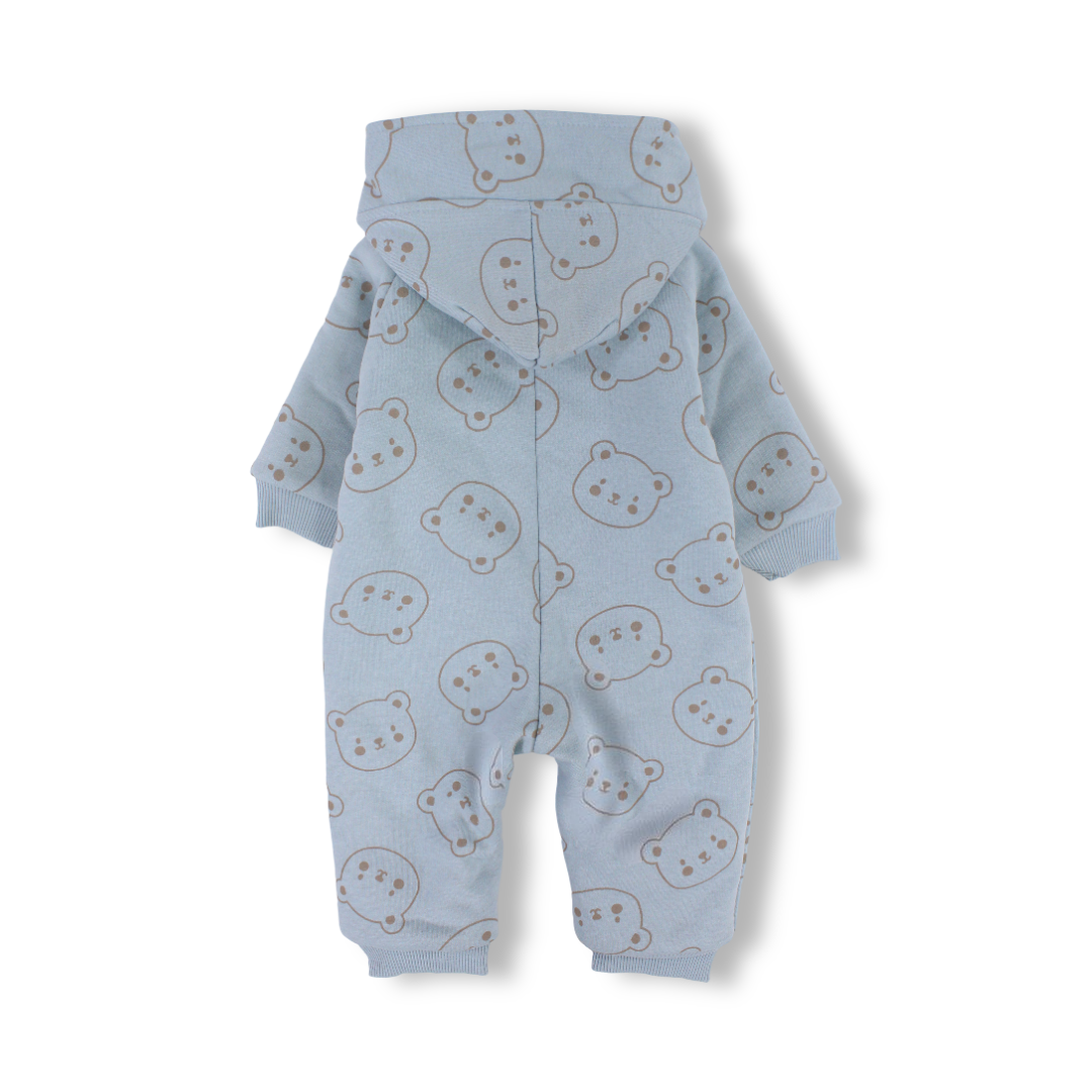 Baby Boys Cotton Hooded Footless Onesie – Mint with Bear Embroidered