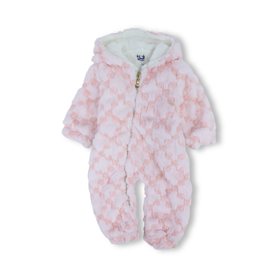 Baby Girls Fleece Hooded Baby Footie – Pink with Fur-Lined