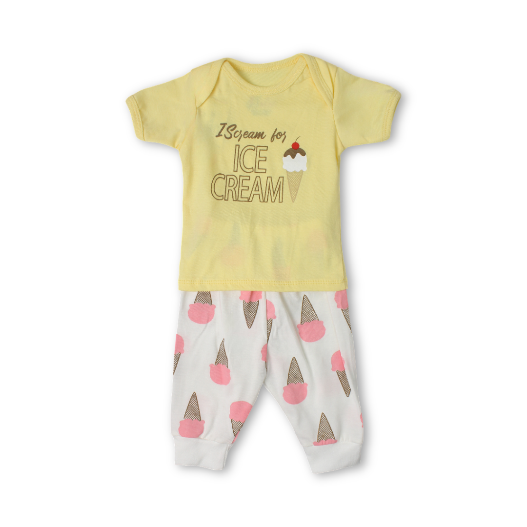 Baby Girls Cotton Pajama – Yellow with Ice Cream Print
