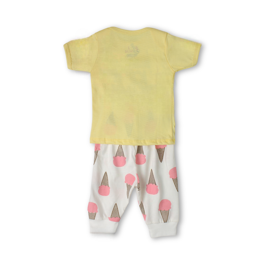Baby Girls Cotton Pajama – Yellow with Ice Cream Print