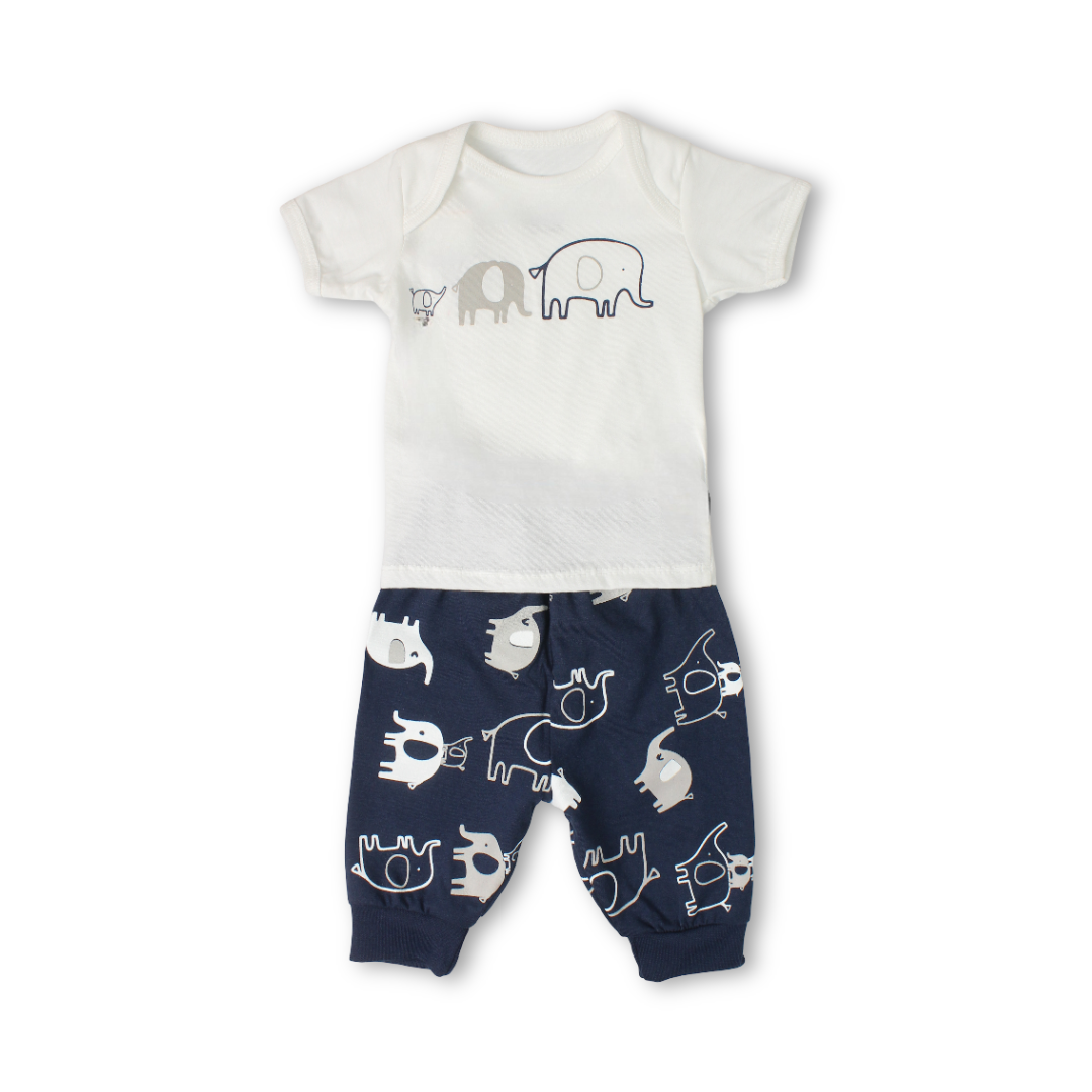 Baby Girls Cotton Pajama – Off-White with Elephants Print