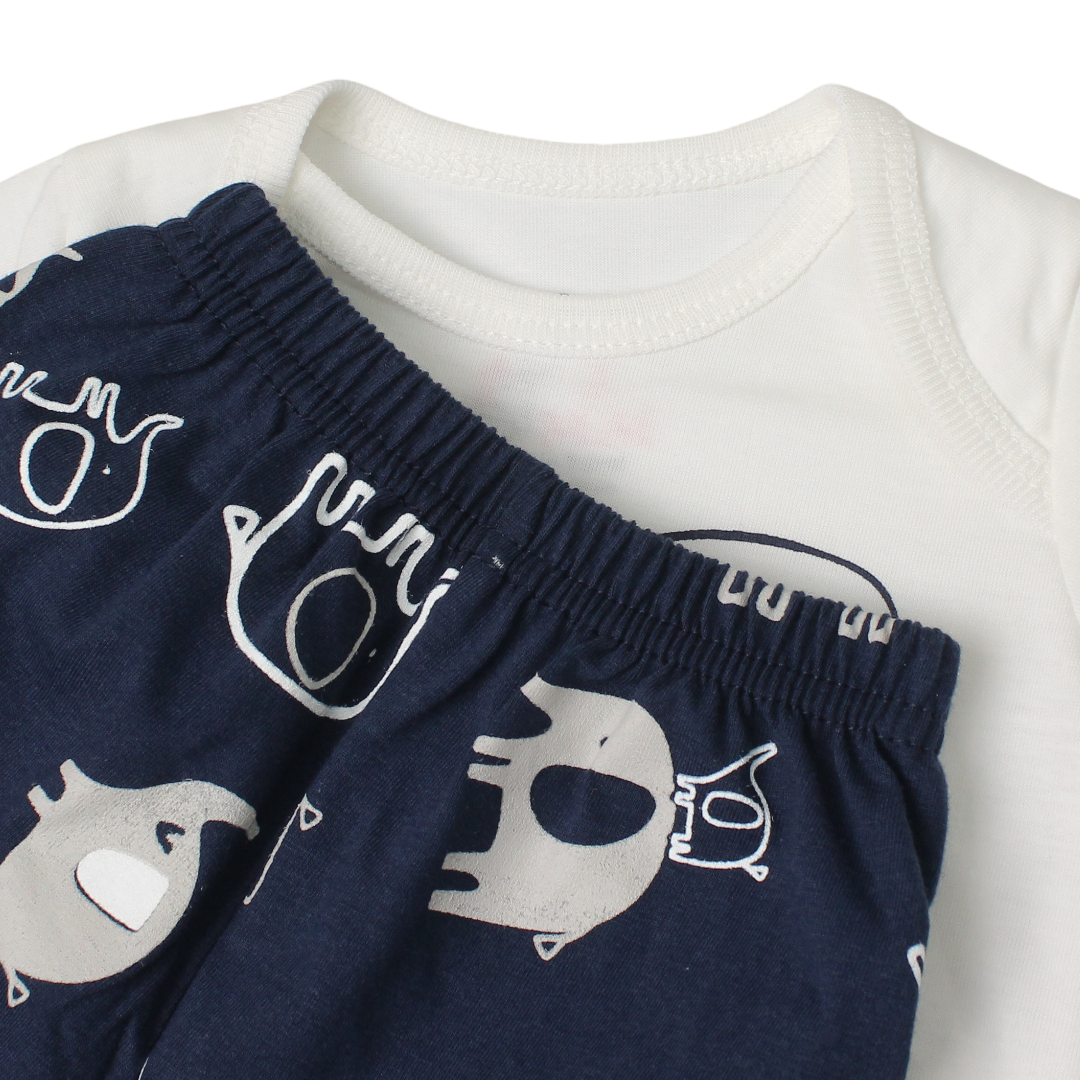 Baby Girls Cotton Pajama – Off-White with Elephants Print