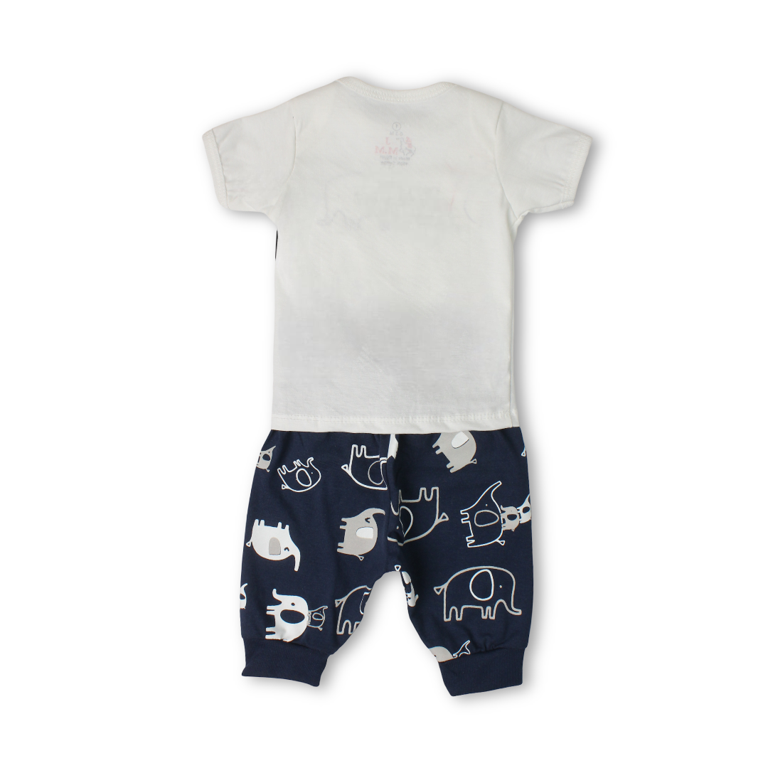 Baby Girls Cotton Pajama – Off-White with Elephants Print
