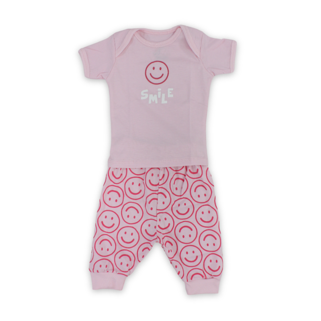Baby Girls Cotton Pajama – Pink with Smile Faces Print - Clothing - JOKY