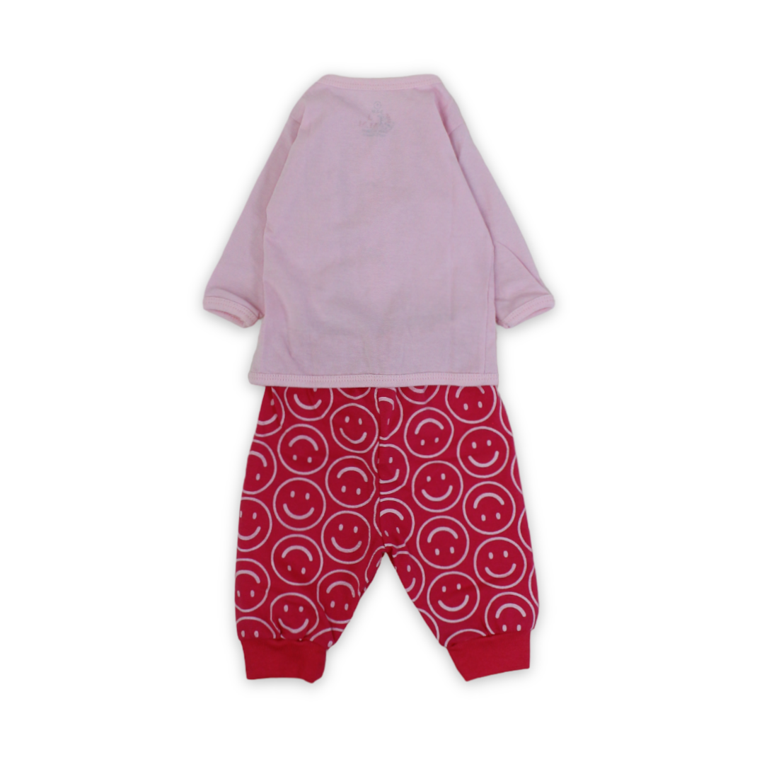 Baby Girls Cotton Pajama – Pink with Smile Faces Print