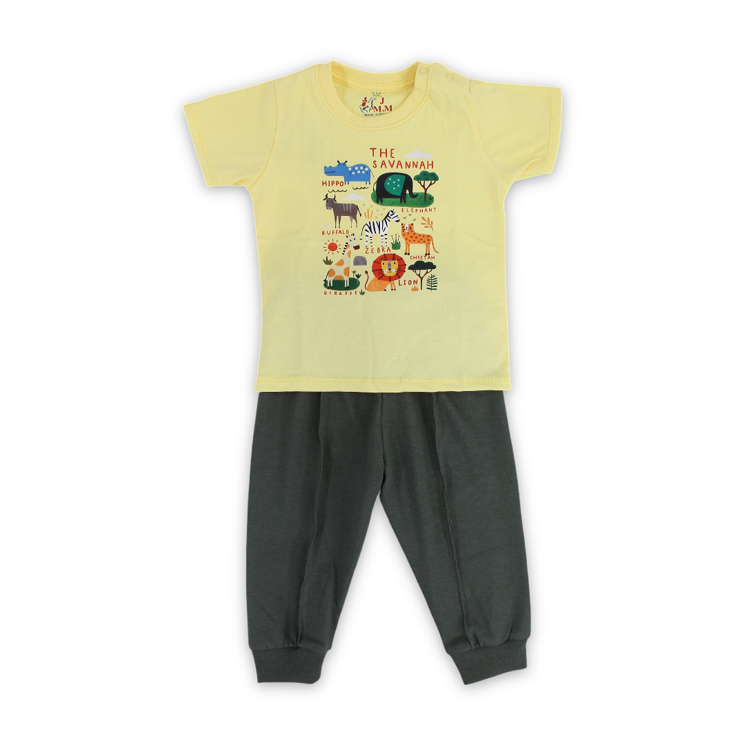 Baby Boys Cotton Pajama – Yellow with Animals Print - Clothing - JOKY