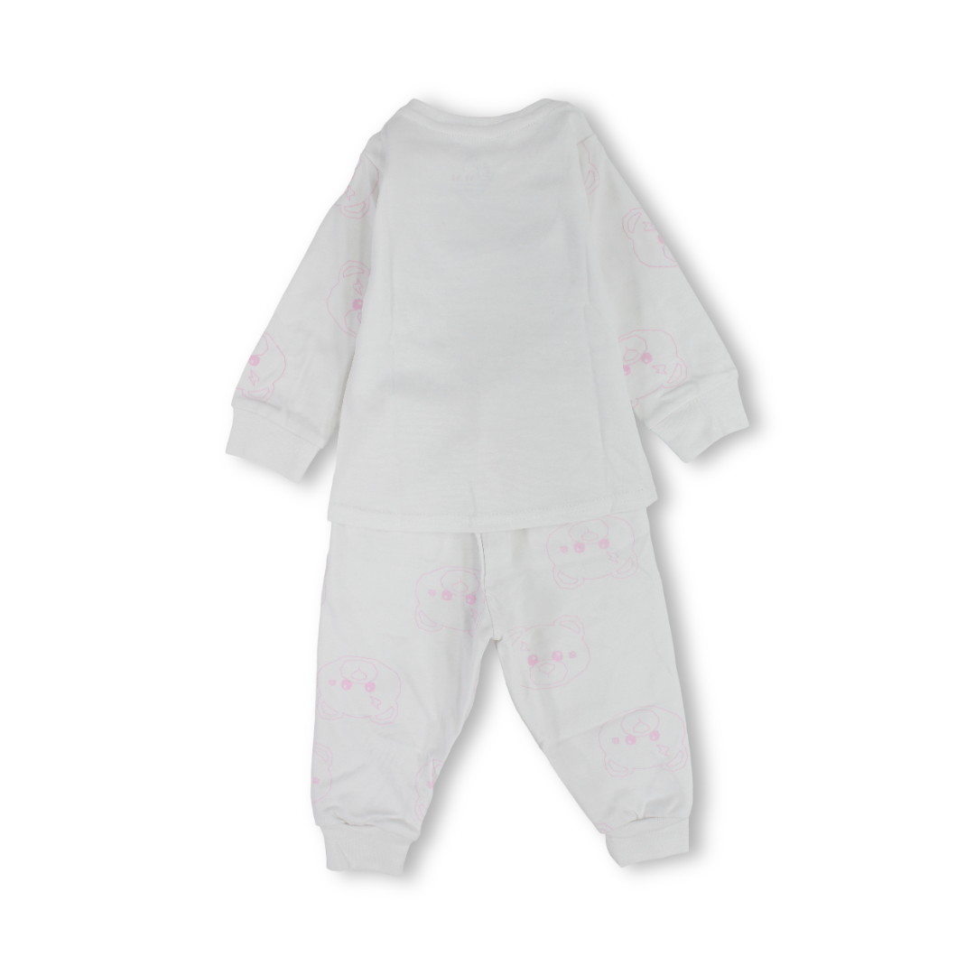 Baby Girls Cotton Pajama – White with Teddy Bear Print