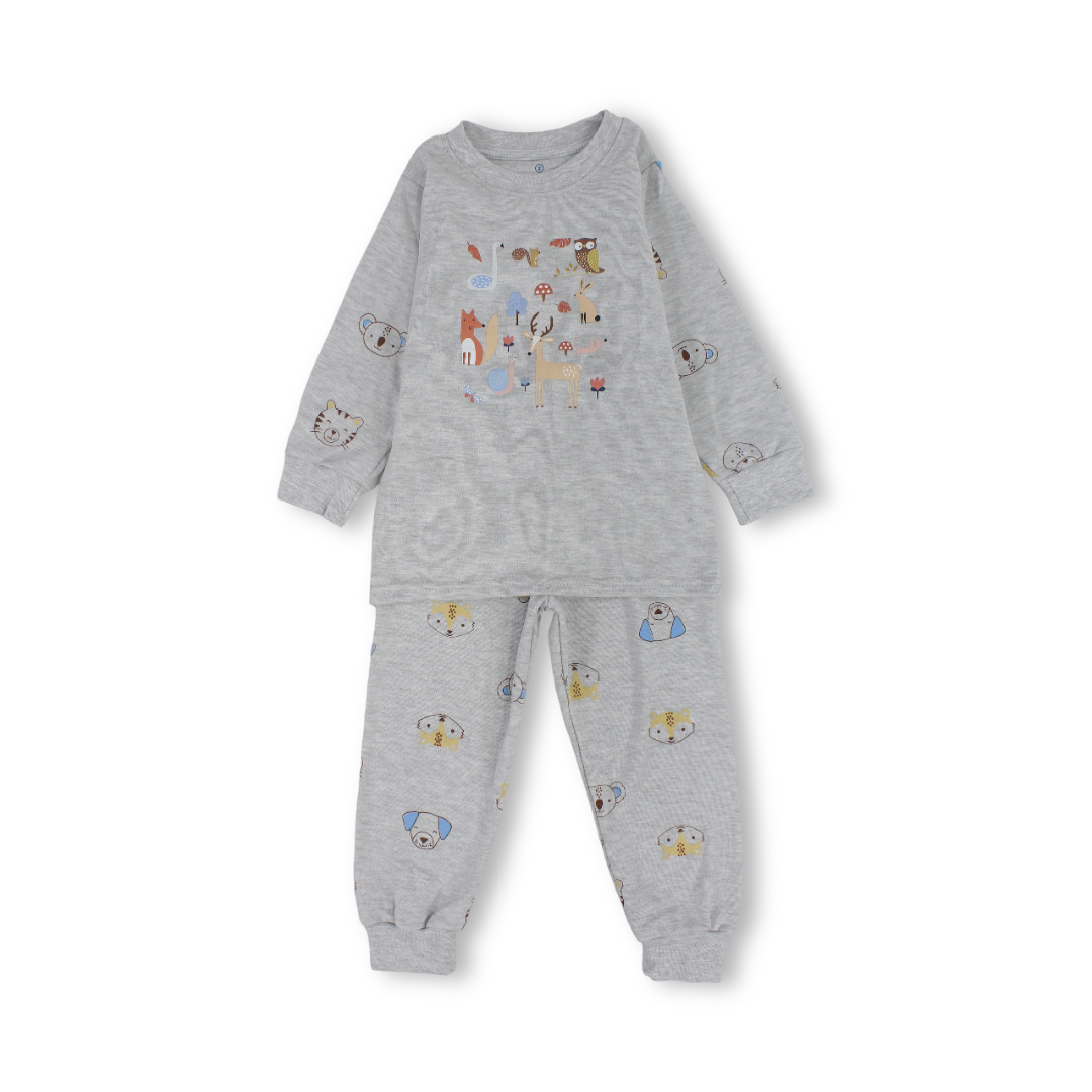 Unisex Cotton Long-Sleeved Pajama – Grey with Mammals Print