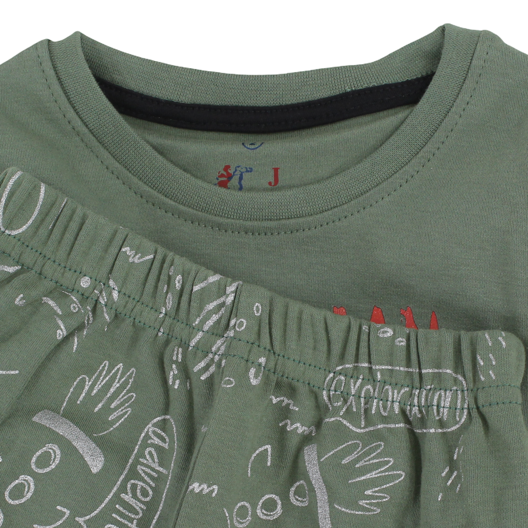 Boys Cotton Long-Sleeved Pajama – Olive with Space Man Print
