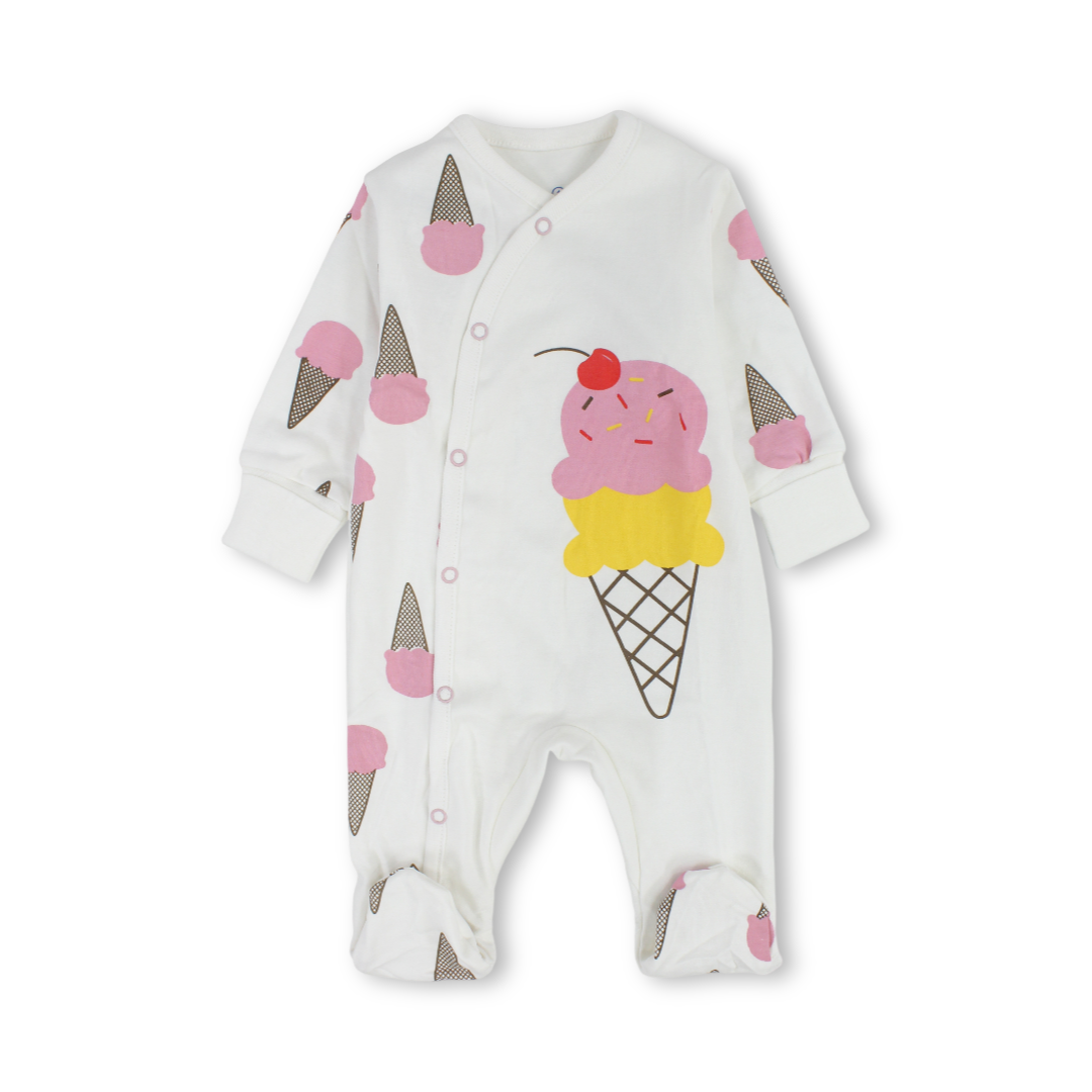 Baby Girls Cotton Baby Footie – Off-White with "Ice Cream" Print