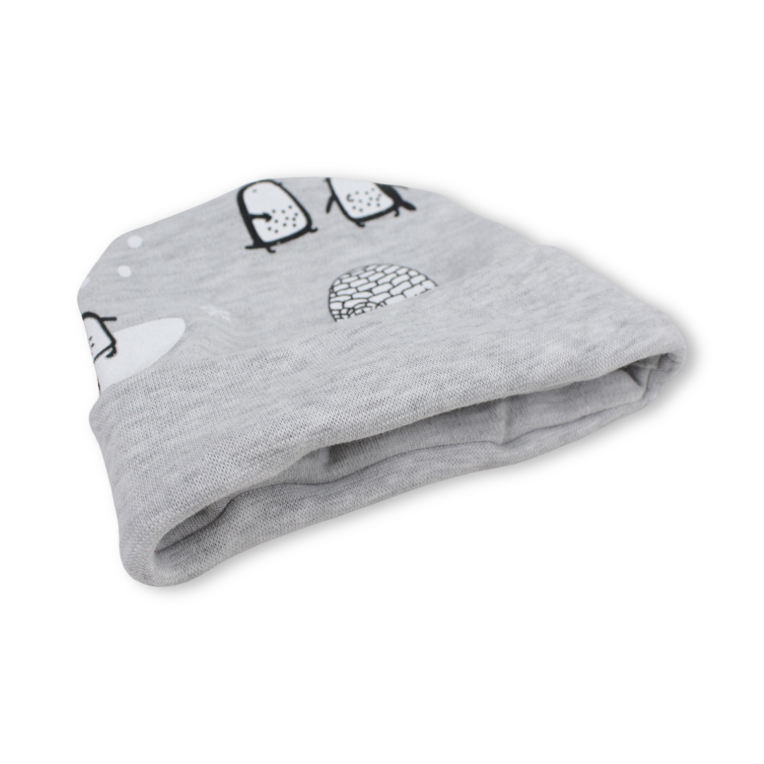 Baby Boys Cotton Beanie – Grey with Penguin Print
