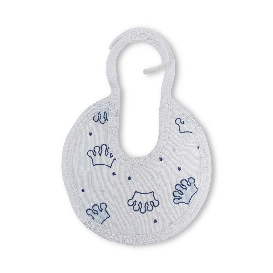 Cotton Baby Bib – White with Crown Print