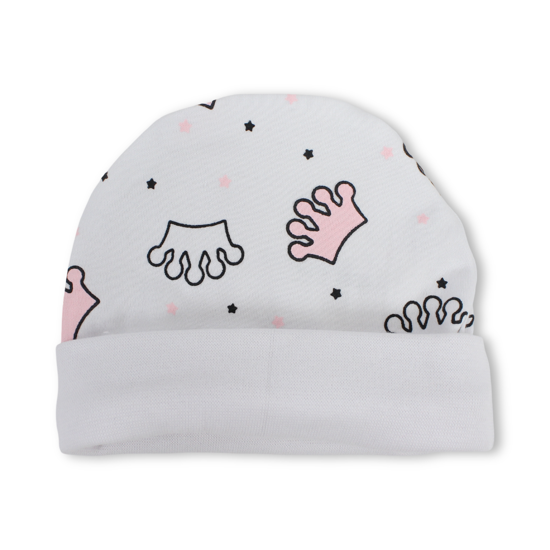 Baby Girls Cotton Beanie – White with Crown Print