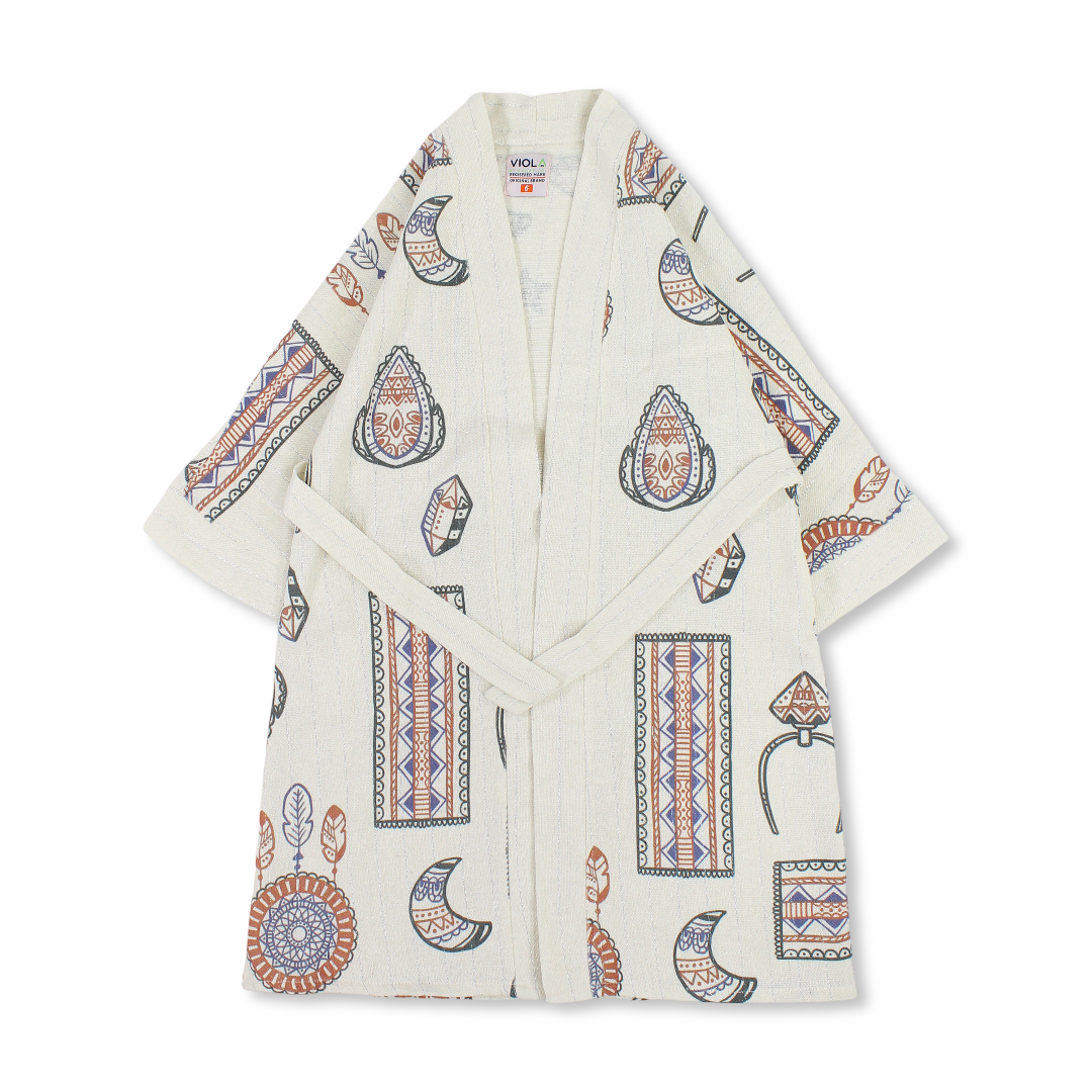 Girls Linen Kaftan – Beige with Heritage Print - Clothing - HAJJAR CO
