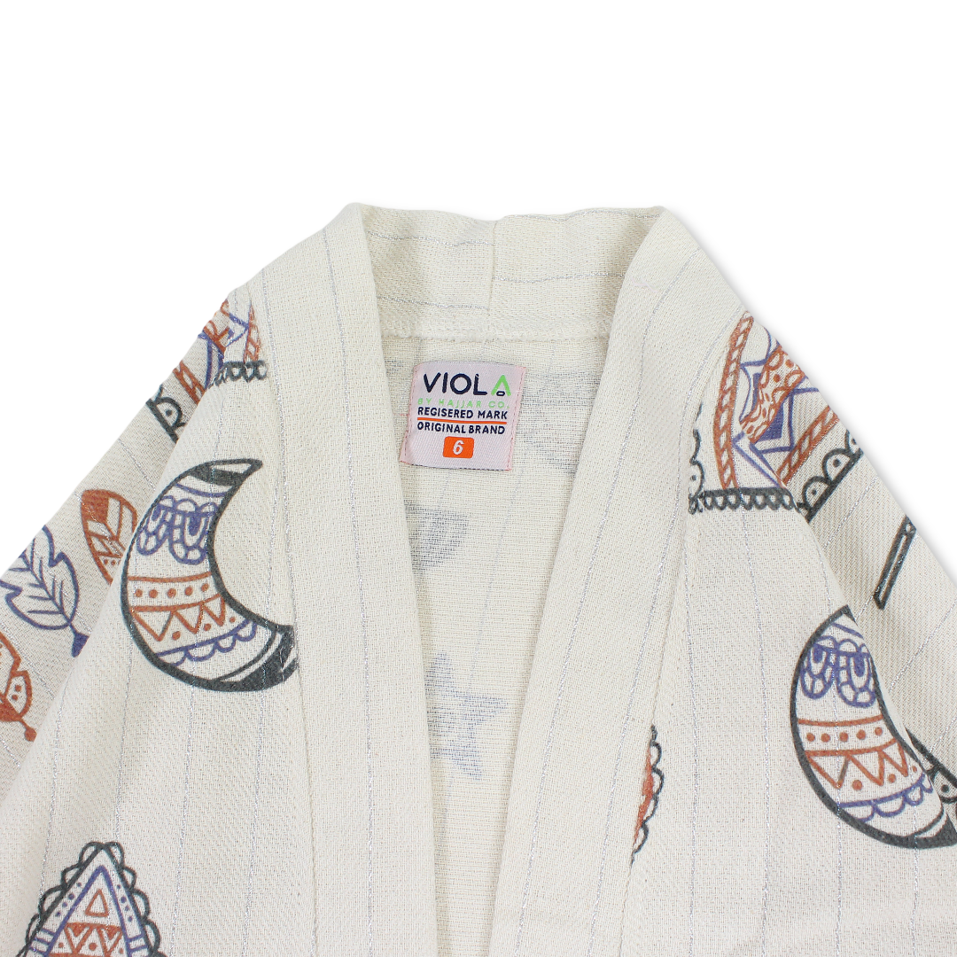 Girls Linen Kaftan – Beige with Heritage Print