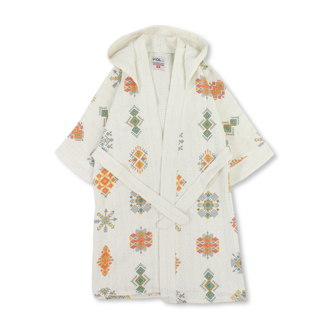Girls Linen Kaftan – Beige with Tribal Print - Clothing - HAJJAR CO