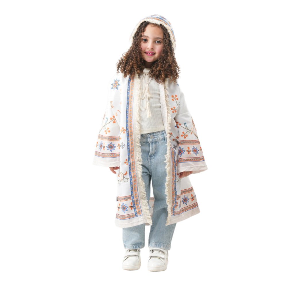Ramadan Girls Hooded Kaftan – White with Flowers Print - Clothing