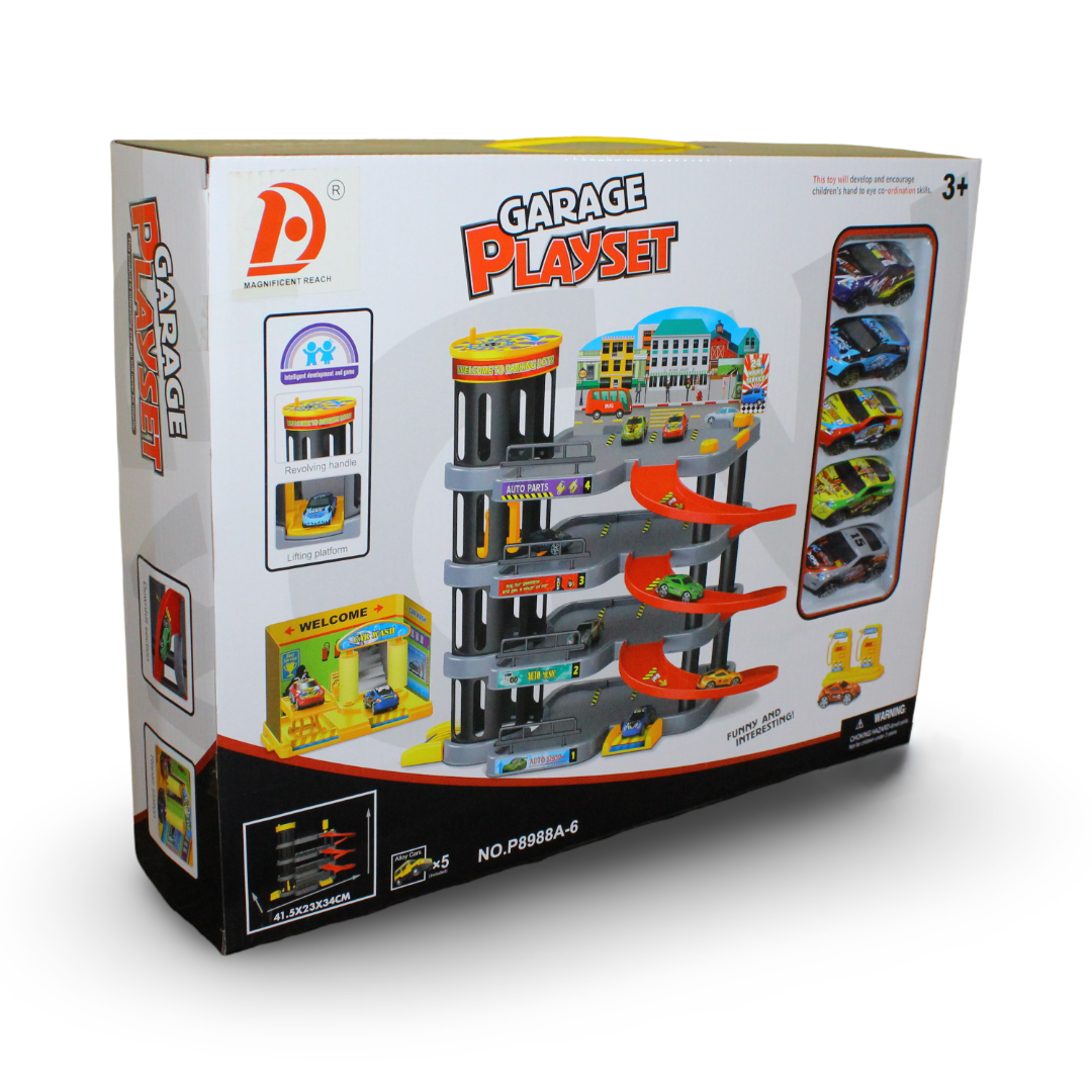 4-Level Garage Playset with Elevator & 5 Cars - Toys - OKO