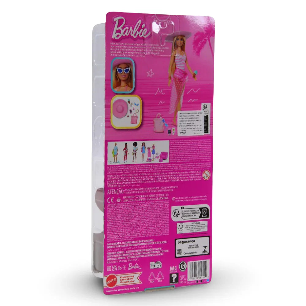 Mattel Barbie Beach Blonde Doll – Pink & White Swimsuit, Accessories, and Beach Bag