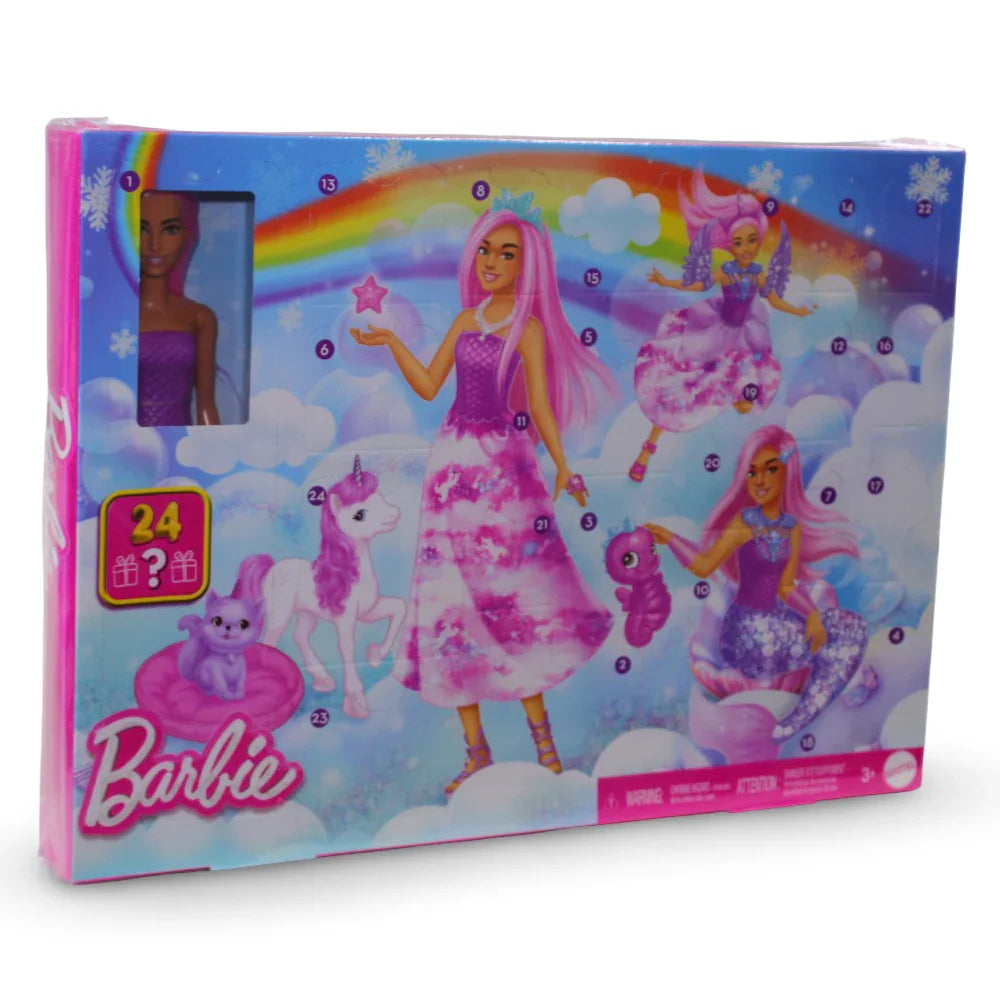 Mattel Barbie Advent Calendar Doll – 24 Accessories Unicorn, Pets, Mermaid Doll and Fairy